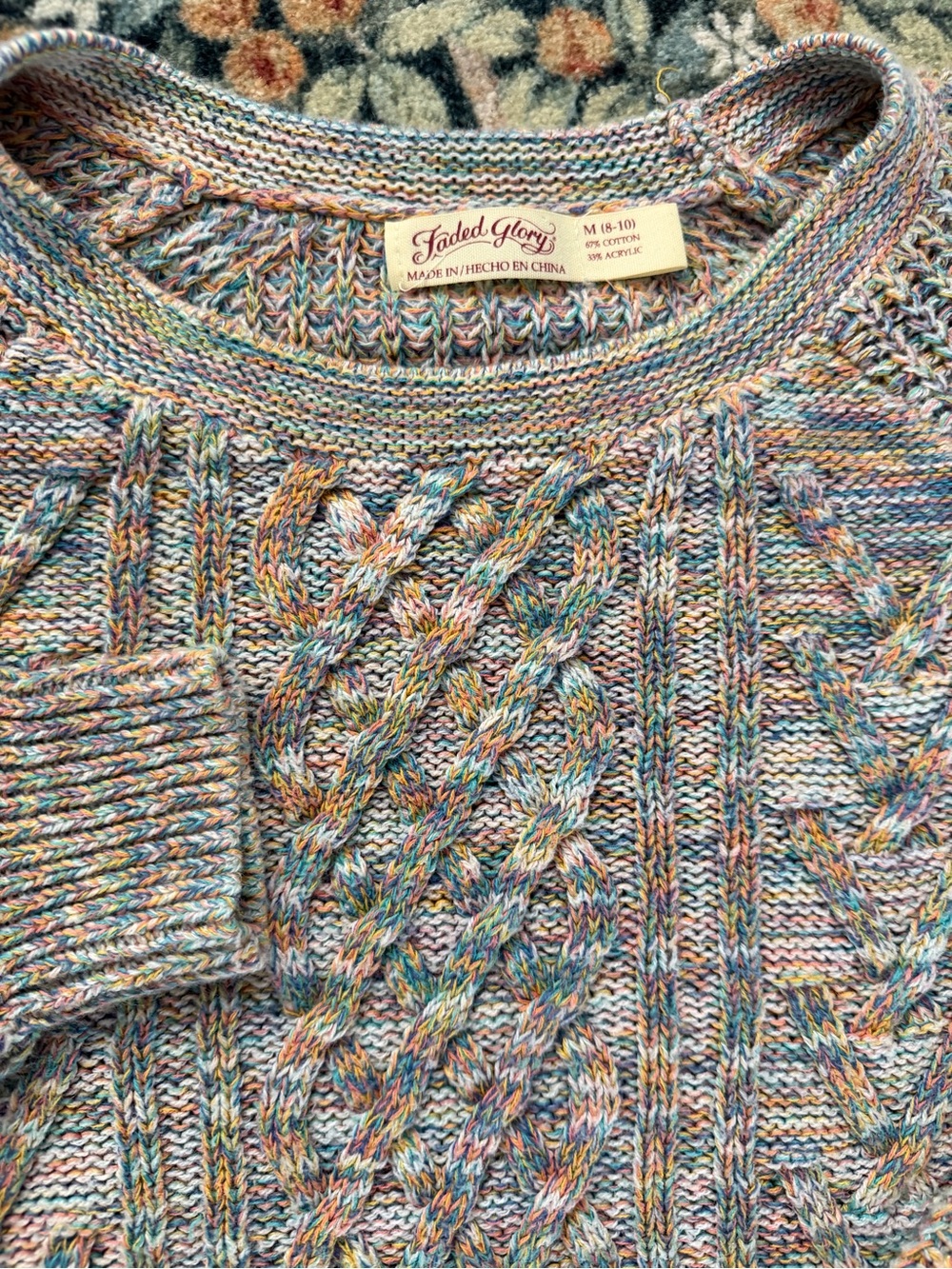 Faded Glory Rainbow Sweater Size Medium Cable Knit 90s Retro Style